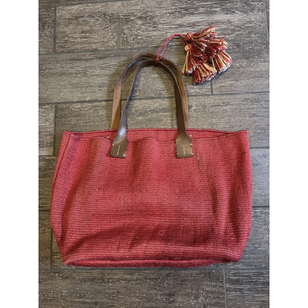 J Jill Tote Bag Womens‎ Large Red Cotton Leather Tassel Shoulder Purse Shopper
